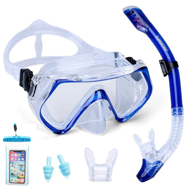 [AUSTRALIA] - Supertrip Snorkel Set Adults-Anti-Fog Film Scuba Snorkeling Diving Mask with Impact Resistant Temperred Glass|Dry Top Snorkel,2 Mouthpieces 1 Waterproof Case Included Blue-set 