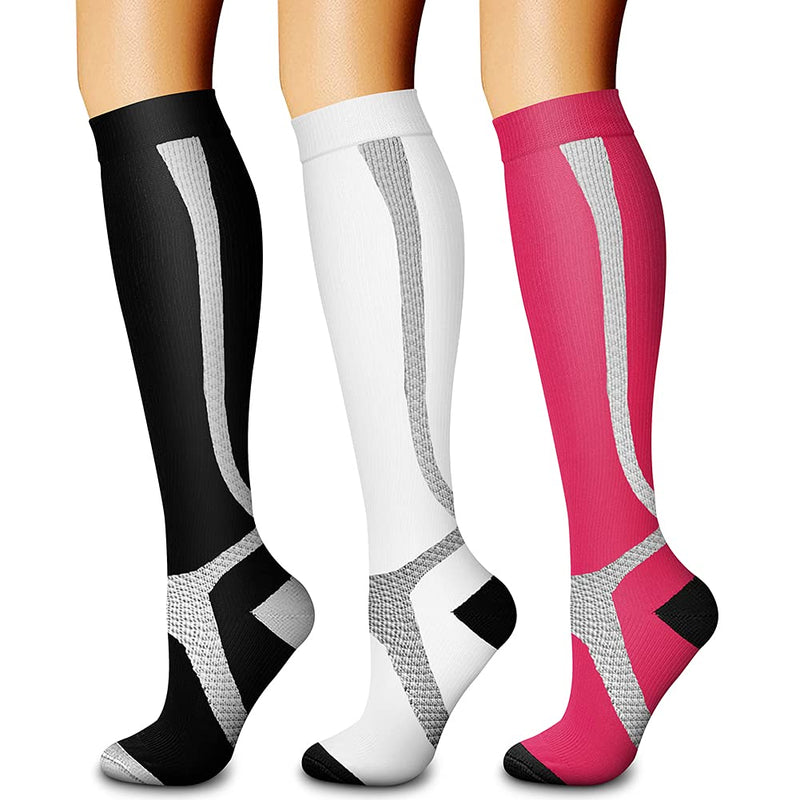 CHARMKING 3 Pairs Copper Compression Socks for Women & Men Circulation 15-20 mmHg is Best for All Day Wear Running Nurse Small-Medium 19 Strip-black/White/Pink - BeesActive Australia