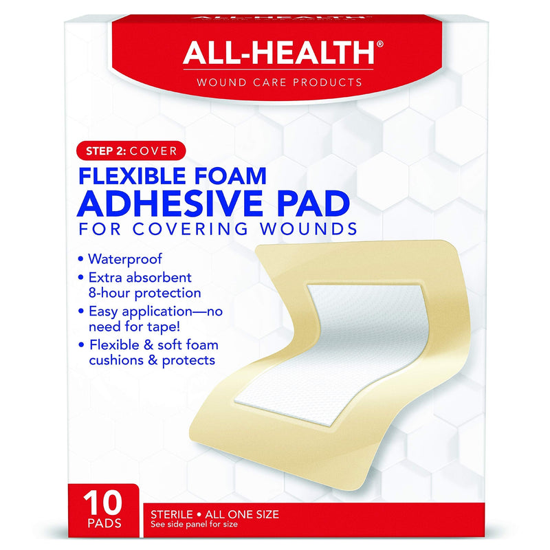 All Health Flexible Foam Adhesive Pad, 10 Pads, 3.5 in x 4.5 in, 8 Hour Protection | Waterproof Bandage for Covering Wounds - BeesActive Australia