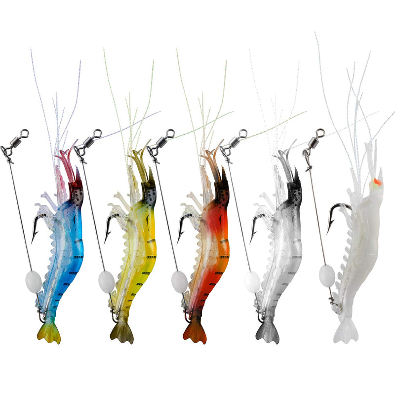 WANBY Fishing Shrimp Lures Luminous Silicone Soft Shrimp Lures Bait Set Kit Swimbait Fishing Lures with Hook Fishing Tackle for Freshwater Saltwater 5PCS - BeesActive Australia