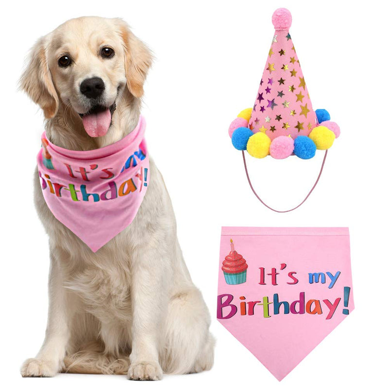 PUPTECK Dog Birthday Bandana Scarfs with Cute Doggie Birthday Party Hat Large Pink - BeesActive Australia