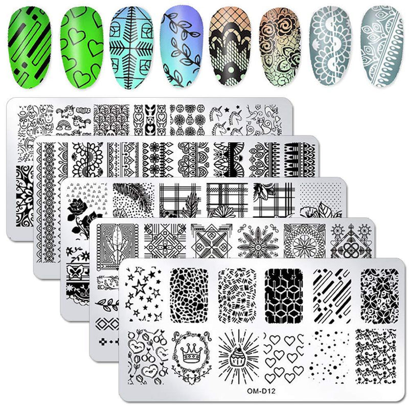 WOKOTO 5Pcs Nail Stamping Kit Flower Mandala Lace Animal Unicorn Design Stamping Plates Nail Art Set - BeesActive Australia