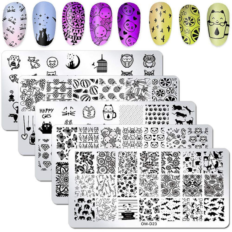 WOKOTO 5Pcs Nail Art Plates Stamping Set Fruit Animal Cat Panda Mandala Image Design Plates Stamping Nail Art Kit - BeesActive Australia