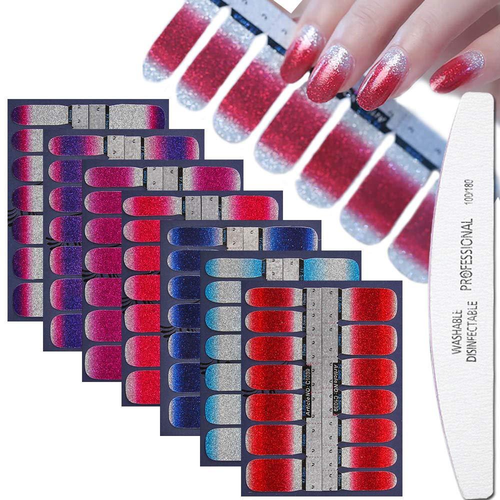 WOKOTO 7Pcs Solid Shinny Glitter Design Nail Polish Wraps Strips Adhesive Stickers Nails With 1Pc Nail Buffers Files - BeesActive Australia