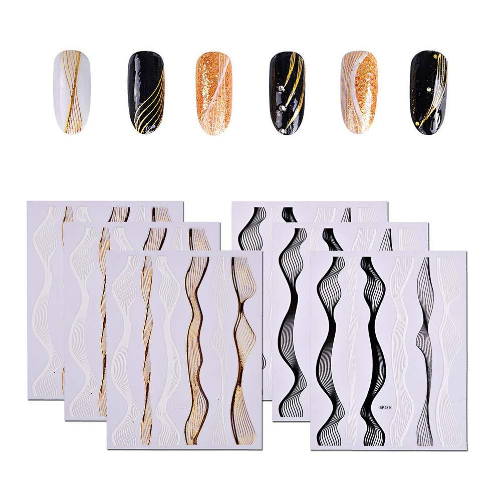 WOKOTO 6 Sheets Gold Black White Metal Nail Stickers Decals 3d Multi-Size Wave Strips Lines Foil Nail Art Adhesive Stickers For Nails - BeesActive Australia