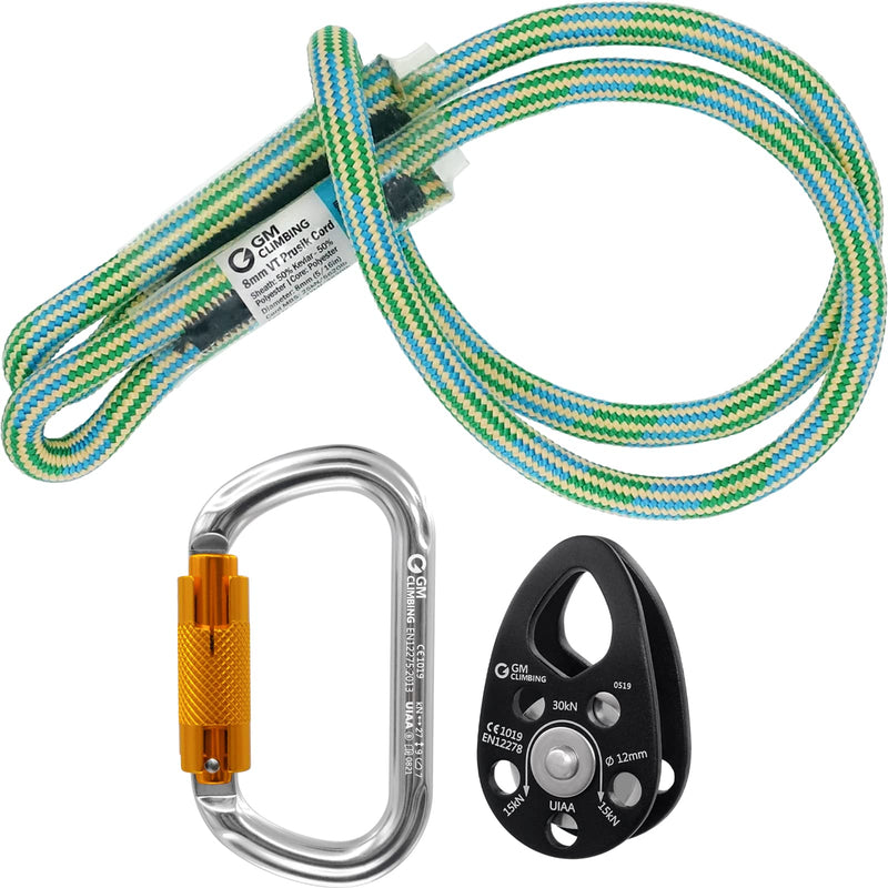 GM CLIMBING Hitch Slack Tending Pulley Kit for Double Rope Climbing System Basic Unit of General Hauling - 30kN Swing Cheek Micro Pulley & Oval Locking Carabiner & 30in 8mm VT Prusik Kit | Micro Swing Cheek Pulley (Black, Bushing) - BeesActive Australia