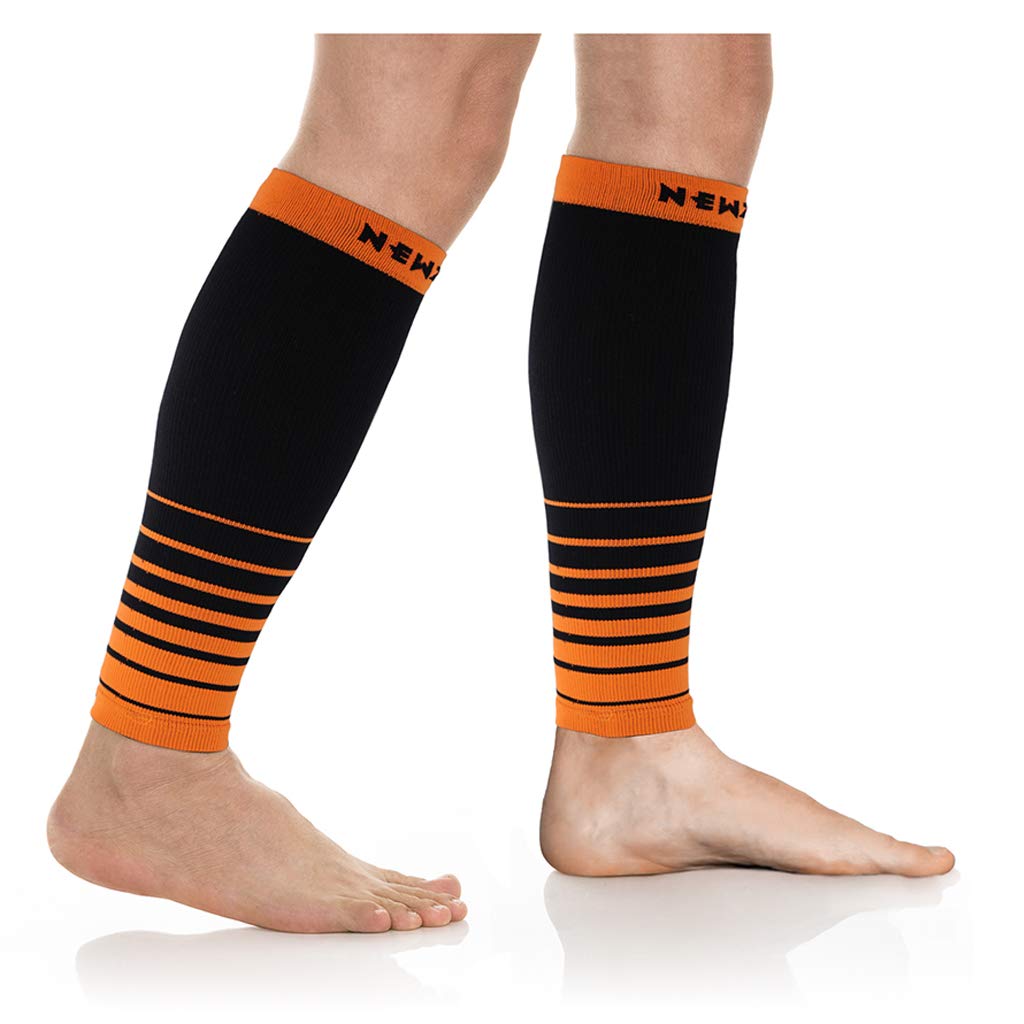 NEWZILL Compression Calf Sleeves (20-30mmHg) for Men & Women - Perfect Option to Our Compression Socks - For Running, Shin Splint, Medical, Travel, Nursing Stripes Black/Orange S/M (see Size Chart) - BeesActive Australia