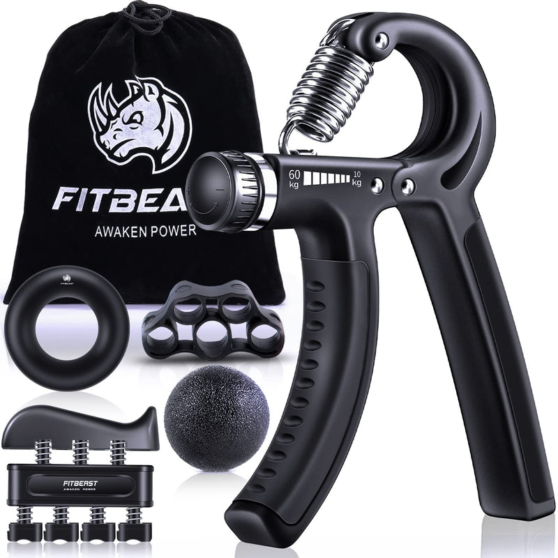 FitBeast Hand Grip Strengthener Workout Kit (5 Pack) Forearm Grip Adjustable Resistance Hand Gripper, Finger Exerciser, Finger Stretcher, Grip Ring & Stress Relief Grip Ball for Athletes Black - BeesActive Australia