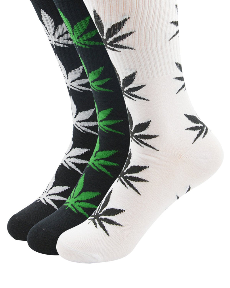 Athletic Sports High Crew Socks for Men Women Marijuana Weed Leaf Cotton Sock C 3 Pairs Black White Green - BeesActive Australia