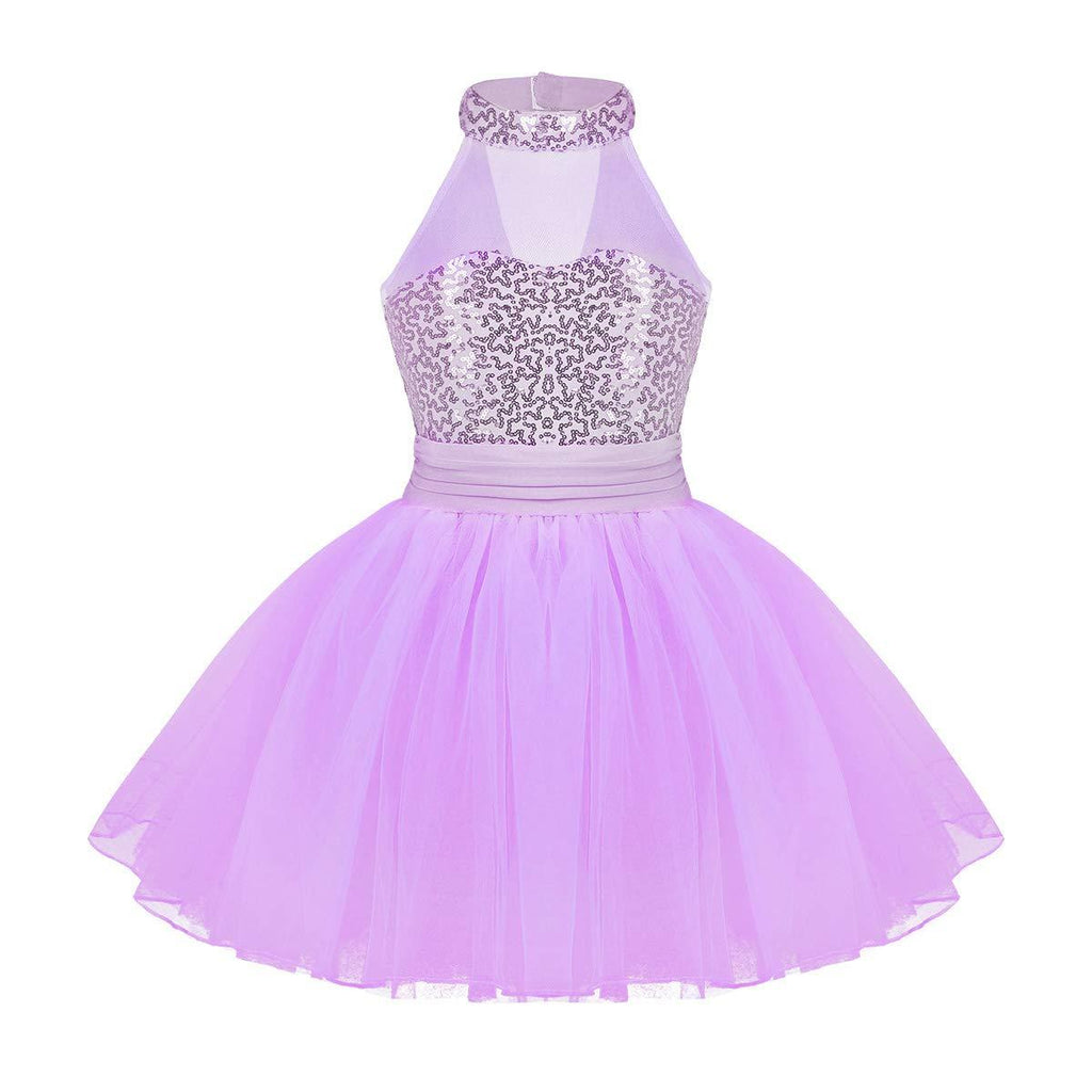 [AUSTRALIA] - TiaoBug Kid Girls Sleeveless Dance Dress Sequined Mock Neck Ballet Leotard Tutu Princess Contemporary Modern Dance Costume Lavender 7 / 8 