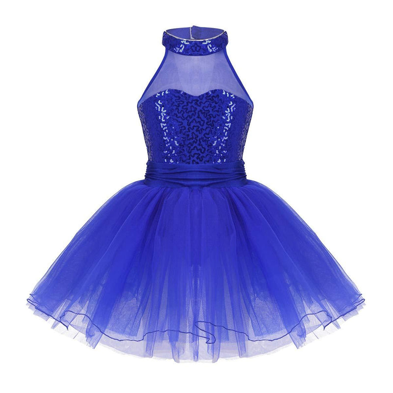 [AUSTRALIA] - iEFiEL Girls Camisole Sequins Ballet Tutu Dress Gymnastic Dance Leotard Skirt Dancewear Costume (7-8, Blue Mesh Splice) 