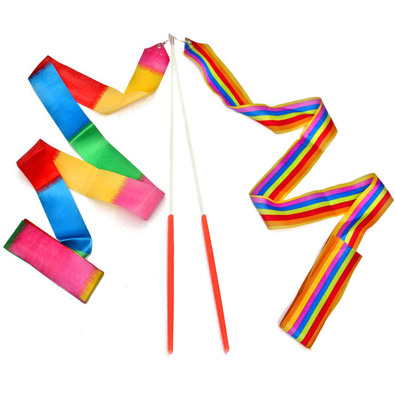 Dance Ribbons Rainbow Streamers Rhythmic Gymnastics Ribbon Baton Twirling Wands on Sticks 2pc for Kids Artistic Dancing - BeesActive Australia
