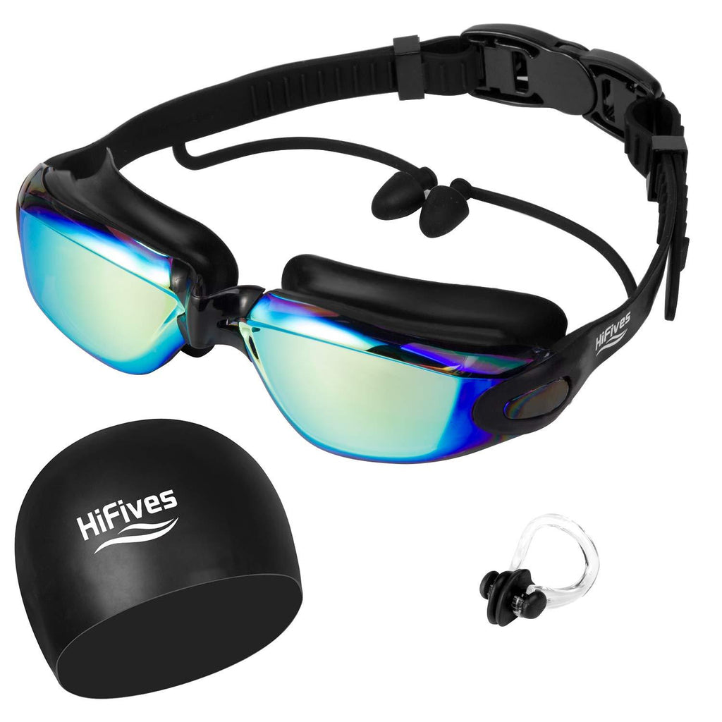[AUSTRALIA] - HiFives Swimming Goggles and Ear Plugs, 4 in 1 Swim Goggles, Swimming Cap, Nose Clip, Case, No Leaking Anti Fog UV Protection, for Adult Men Women Youth Kids Child, Multi-Choice Black 