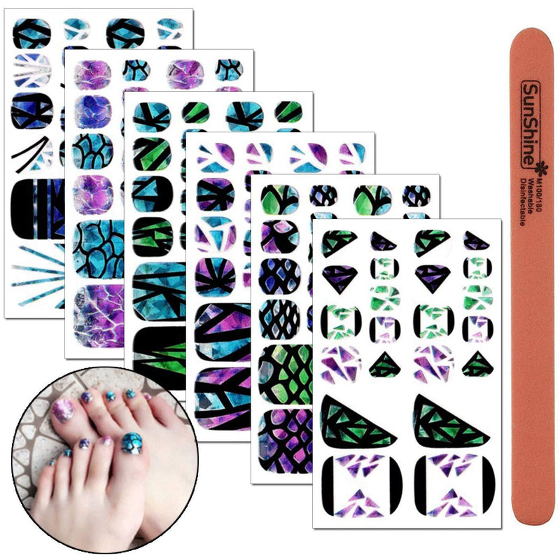 WOKOTO 6 Sheets Laser Full Nail Toenail Art Self-Adhesive Stickers With 1Pcs Nail File Nail Wraps Decals Mermaid Geometric Splicing Classic Pattern Holographic Manicure Sticker Kit - BeesActive Australia