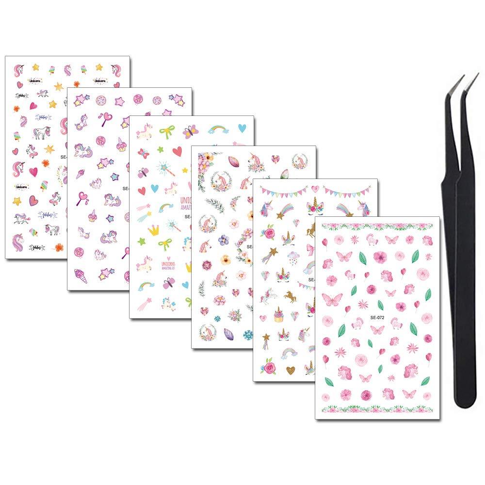 WOKOTO 6 Sheets Nail Adhesive Stickers With 1Pcs Tweezers kit Unicorn Image Nail Decals 3D Tips Manicure Sticker Kit For Girls Women - BeesActive Australia