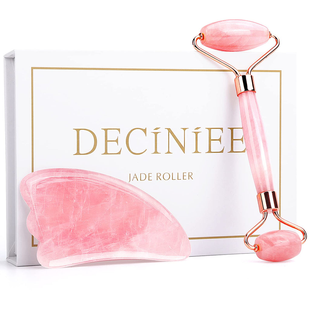 Deciniee Jade Roller and Gua Sha Set - Anti Aging Rose Quartz Face Roller Massager & Guasha Tool for Face, Eye, Neck - Natural Beauty Skin Care Tools Body Muscle Relaxing Relieve Wrinkles Pink - BeesActive Australia