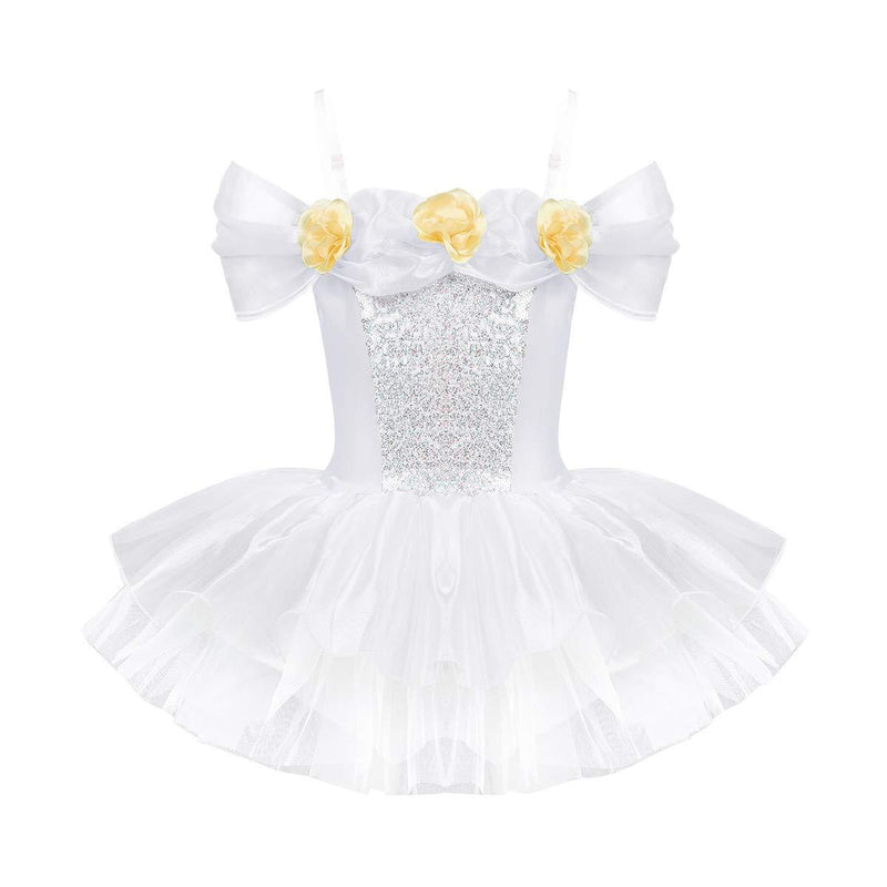 [AUSTRALIA] - Alvivi Kids Girls Off Shoulder 3D Flowers Ballet Tutu Dress Princess Leotard Fairy Dance wear Costumes 5 / 6 White 