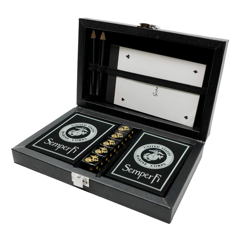 Marine Corps Playing Cards and Dice Set – Black Leather Keepsake Box, Playing Cards with USMC Rank Insignia, EGA Dice - BeesActive Australia