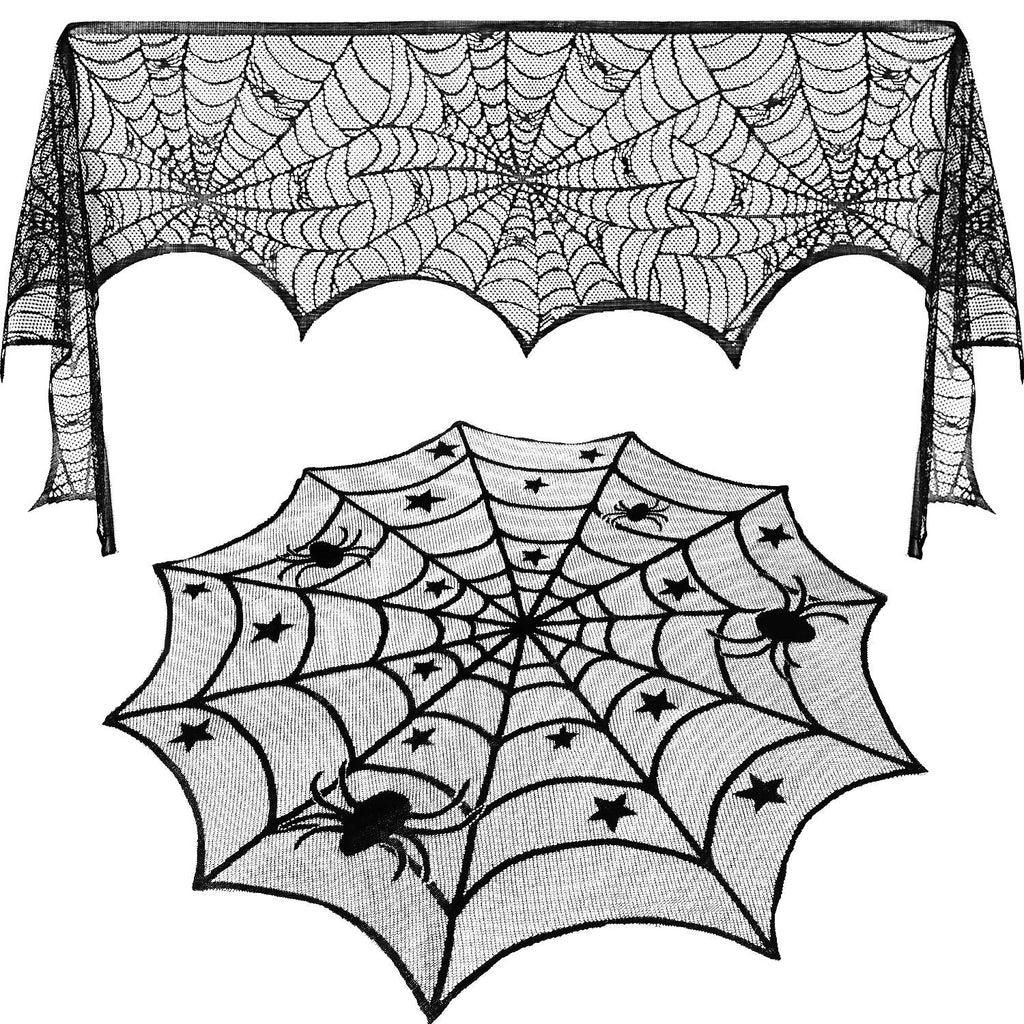 JOVITEC Round Lace Table Topper Black Spider Tablecloth and Fireplace Spider Decorations Lace Spiderweb Mantle Scarf Cover for Halloween Window, Dinner Party, Festival Party, Scary Movie Nights - BeesActive Australia