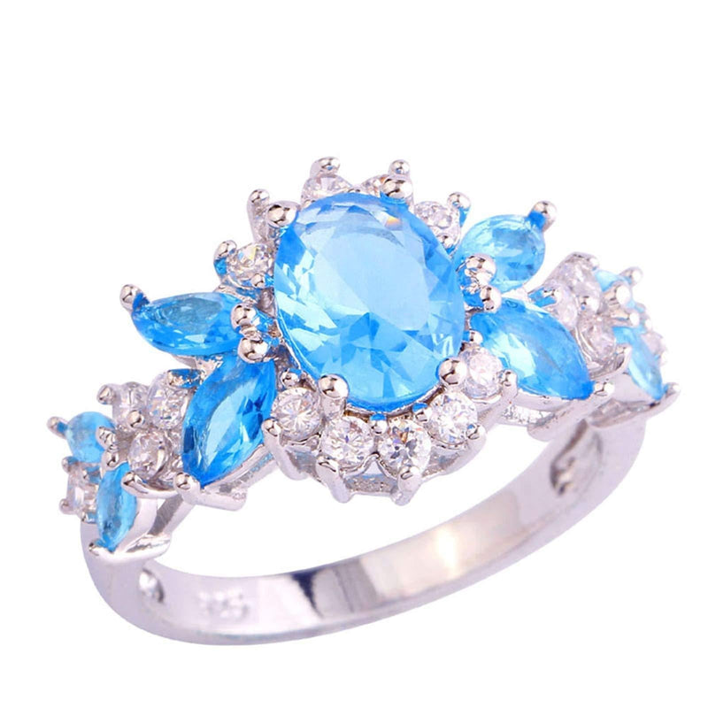Emsione 925 Sterling Silver Plated Created Sapphire Quartz&Topaz Cluster Women Band Ring Blue US7 - BeesActive Australia
