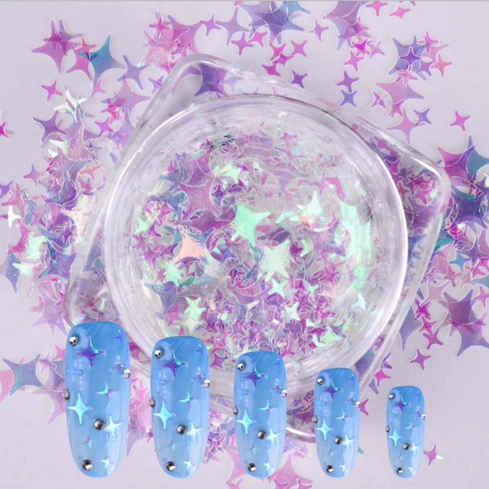 Lookathot 1Boxes Transparent Fluorescent Four-pointed Stars Sequins Nail Art Pieces Mixed Sizes Glitter Shiny Aurora Decoration Decals Stickers Manicure DIY Accessories Tools - BeesActive Australia