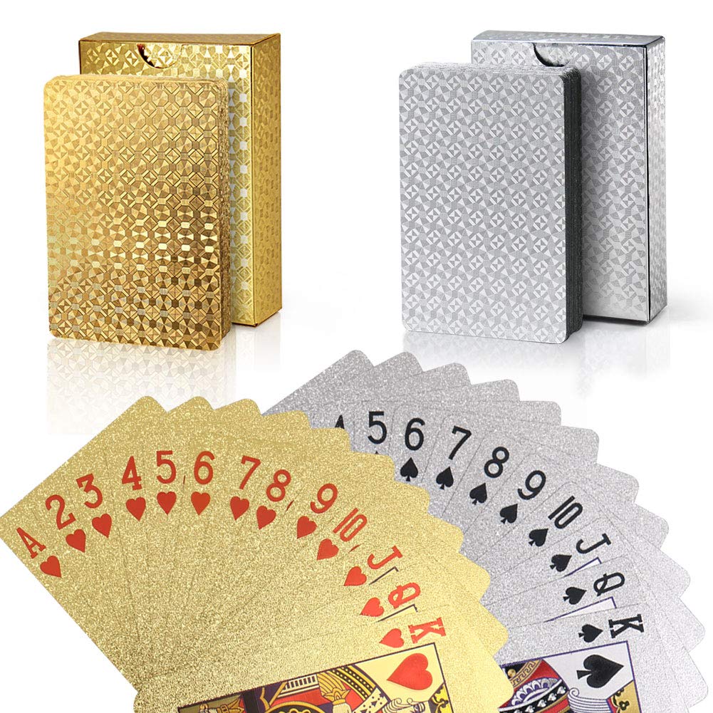 [AUSTRALIA] - Joyoldelf 2 Decks of Playing Cards, 24K Foil Waterproof Poker with Gift Box – Classic Magic Tricks Tool for Party and Game, 1 Gold + 1 Silver 