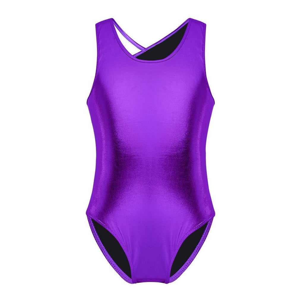 [AUSTRALIA] - dPois Big Girls' Criss-Cross Open Back Shiny Metallic Ballet Dance Gymnastics Leotard Jumpsuit Dancewear Purple 8-10 