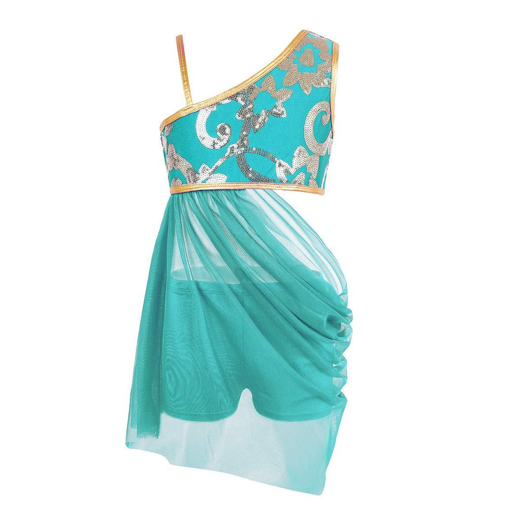 [AUSTRALIA] - Alvivi Little Big Girls 2 Pieces Floral Sequins Ballet Lyrical Modern Dancewear Costume with Boyshort Lake Blue 14 