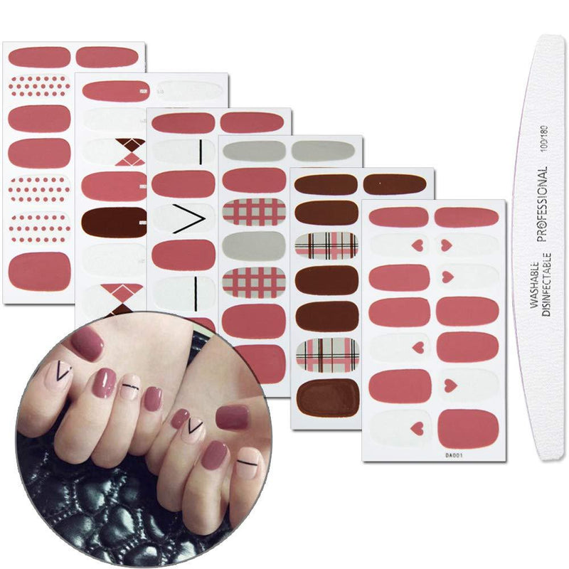 WOKOTO 6 Sheets Full Wraps Nail Polish Stickers With 1Pcs Nail File Heart Lattice Geometry Self-Adhesive Nail Art Decals Strips Manicure Kits - BeesActive Australia