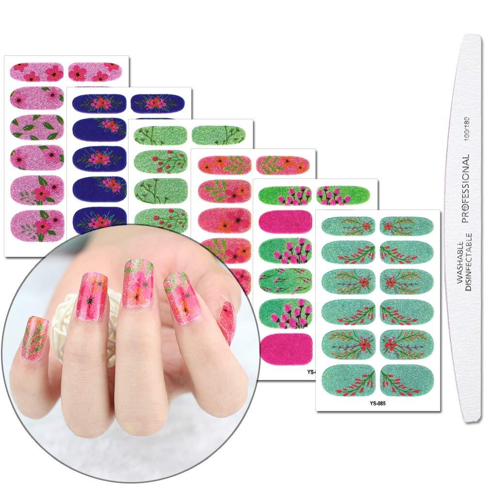 WOKOTO 6 Sheets Full Wraps Nail Polish Stickers With 1Pcs Nail File Self-Adhesive Nails Decals Strips Flower Manicure Kit For Women - BeesActive Australia