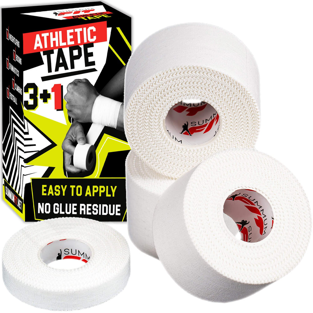 Summum Fit Athletic Tape Extremely Strong: 3 Rolls + 1 Finger Tape. Easy to Apply & No Sticky Residue. Sports Tape for Boxing, Football or Climbing. Enhance Wrist, Ankle & Hand Protection Now White - BeesActive Australia