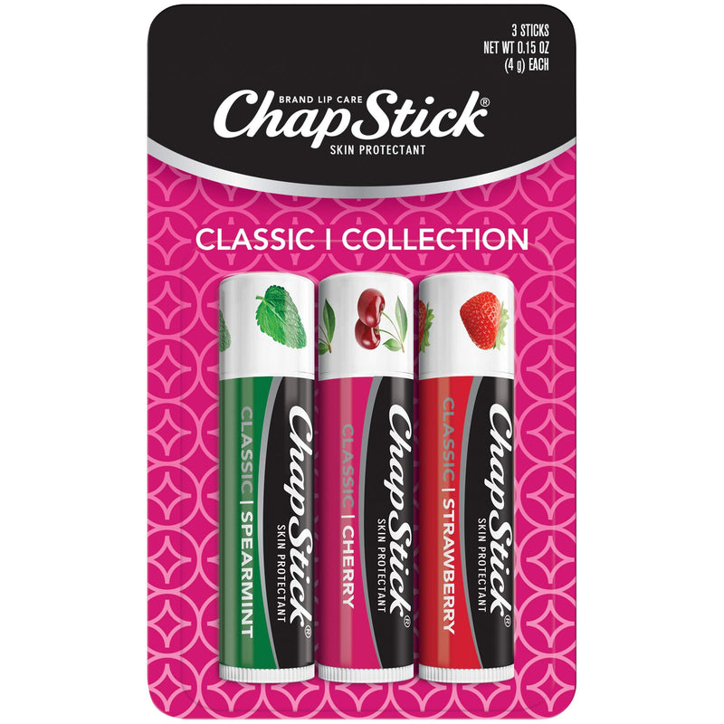 Chapstick Classic Spearmint, Cherry and Strawberry Lip Balm Tubes Variety Pack Non-tinted, Cherry/Strawberry/Spearmint, 0.15 Ounce (Pack of 3) - BeesActive Australia
