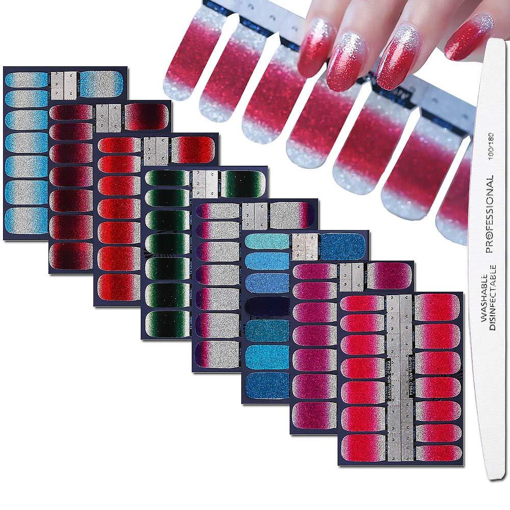 WOKOTO 8 Pieces Glittery Nail Polish Stickers With 1Pcs Nail File Adhesive Nail Decals Solid Color Gradient Full Wraps Manicure Sticker Strips Set For Women - BeesActive Australia