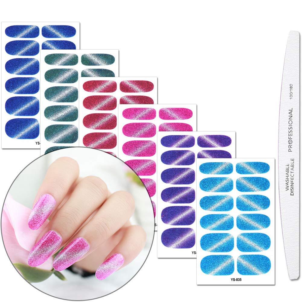 WOKOTO 6 Sheets Adhesive Nail Art Polish Stickers With 1Pcs Nail File Cat Eye Gradient shine Full Wraps Nail Decals Strips Manicure Kits For Women - BeesActive Australia