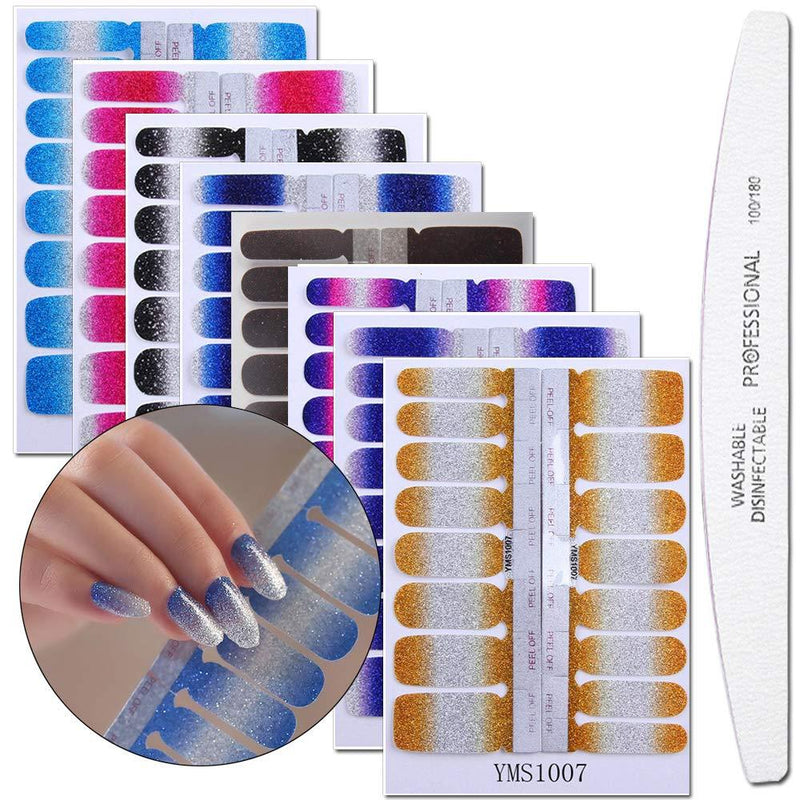 WOKOTO 8 Pieces Shine Nail Polish Sticker Tips With 1Pcs Nail File Gradient Full Wraps Nail Art Adhesive Decals Manicure Sticker Strips Set - BeesActive Australia