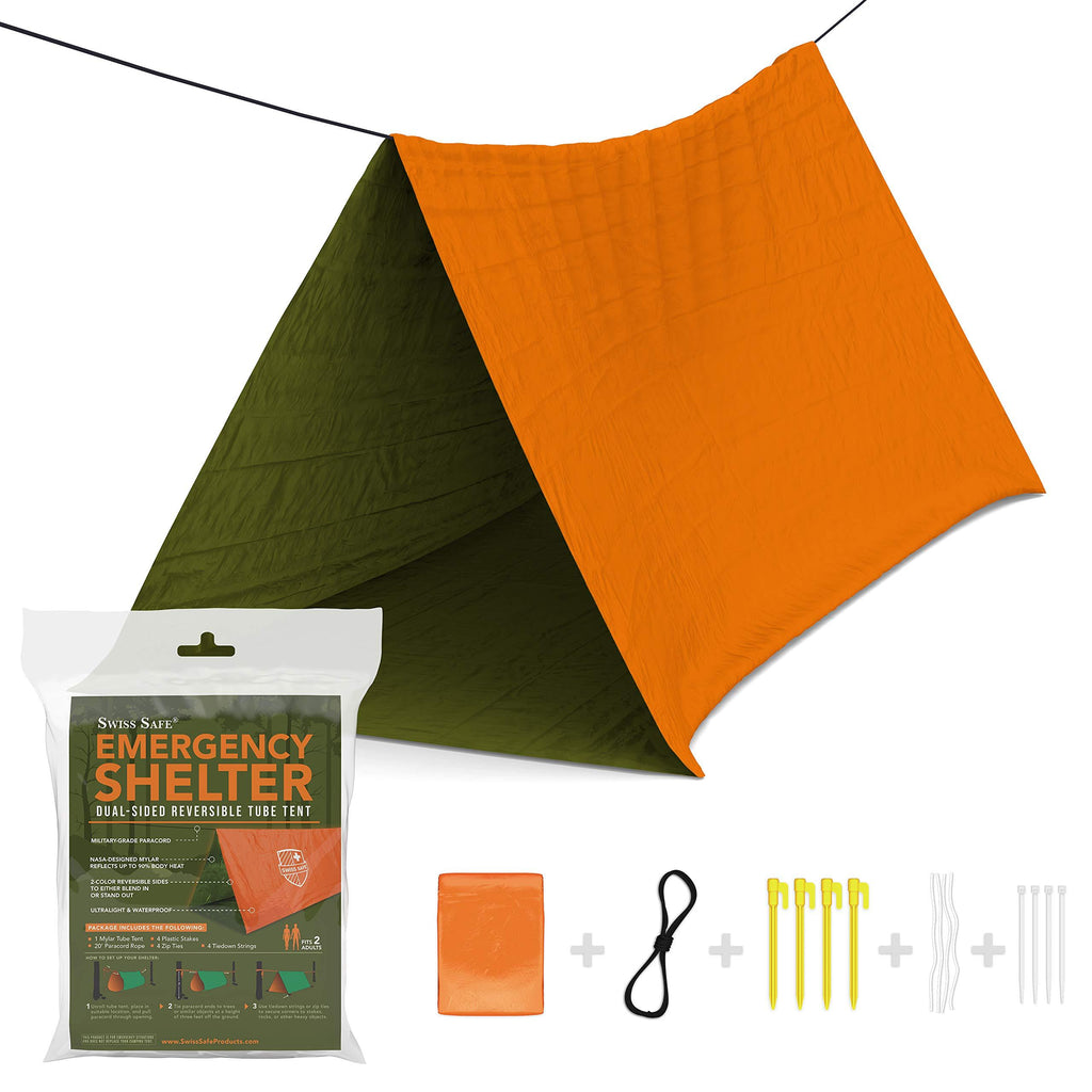 Swiss Safe Emergency Survival Shelter Tent (Reversible Two-Sided Tent) + Paracord, Tent Spikes, Zip-Ties: 100% Waterproof, Ultralight and Extra Large … Army Green and Orange - BeesActive Australia