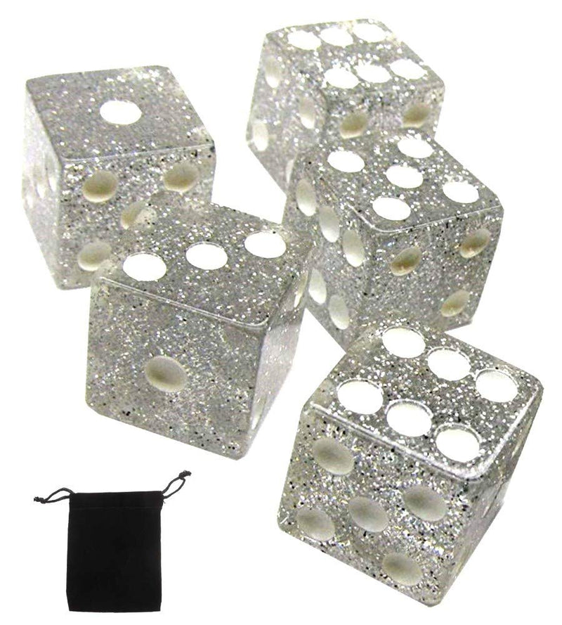 Set of (5) 16mm Dice Standard Transparent Square Cornered with Black Velvet Cloth Pouch Bag Clear (Glitter) - BeesActive Australia