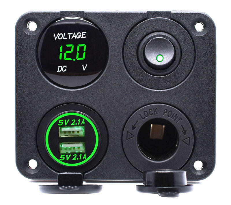 [AUSTRALIA] - Cllena Dual USB Charger Socket 4.2A + 12V Power Outlet + LED Voltmeter + ON-Off Toggle Switch 4 in 1 Multi-Functions Panel for Car Marine Boat Truck Rv ATV UTV Golf Cart Camper (Green) Four Functions Panel 1-Green 