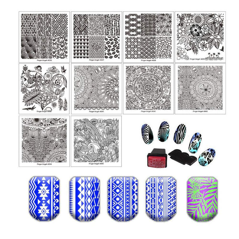 FingerAngel 10 PCS Nail Art Stamping Template Set Mix Design Full Cover 6X6cm Manicure Print Image Plate - BeesActive Australia