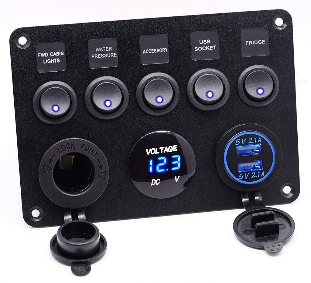 [AUSTRALIA] - Cllena Dual USB Socket Charger 2.1A&2.1A + LED Voltmeter + 12V Power Outlet + 5 Gang ON-Off Toggle Switch Multi-Functions Panel for Car Marine Boat RV Truck Camper Vehicles (Blue) 5 Gang Toggle Switch Panel-Blue 