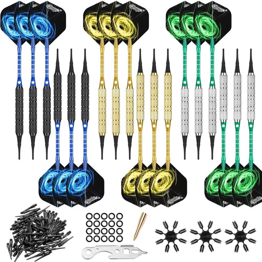 CyeeLife 18 Packs Soft tip Darts Set 18g,100 Extra Tips+Tool+18 Aluminum shafts+50 Rubber O Rings+Ring Tool+21 Flights+ 24 Flight Protectors,Pro Plastic Dart for Electronic Dartboard 18.0 Grams - BeesActive Australia