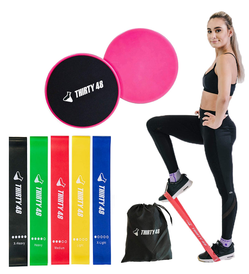 Thirty48 Gliding Discs Core Sliders and 5 Exercise Resistance Bands | Strength, Stability, and Crossfit Training for Home, Gym, Travel | User Guide & Carry Bag Pink - BeesActive Australia