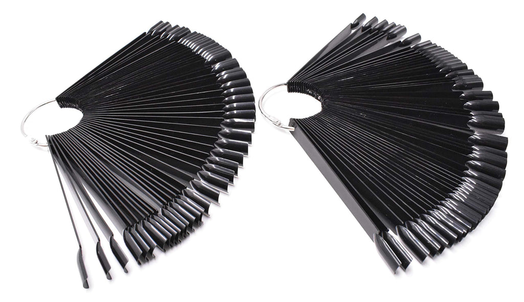 2 Sets 100 Tips Fan Shape Plastic Nail Art Tips Display Polish Board Display Practice Sticks with Metal Split Ring Holder (Black) Black - BeesActive Australia