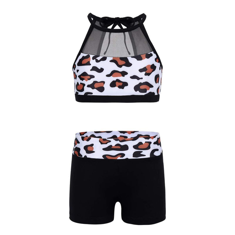 [AUSTRALIA] - ACSUSS Girls 2 Pieces Dance Sports Outfits Leopard Print Halter Crop Tops with Short Ballet Gymnastics Leotard Dancewear Coffee 7-8 