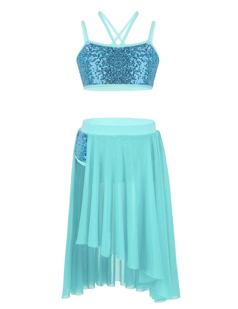 [AUSTRALIA] - CHICTRY Kids Girls Sequins Lyrical Dance Dress Split Skating Competition Dancewear Costume Asymmetrical Knee Length Overlay Lake Blue 10-12 