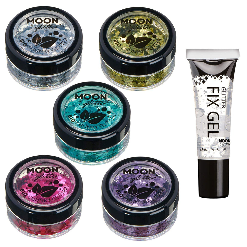 Biodegradable Eco Chunky Glitter by Moon Glitter - 100% Cosmetic Bio Glitter for Face, Body, Nails, Hair and Lips - 3g - Set of 5 - plus Glitter Fix Gel - BeesActive Australia