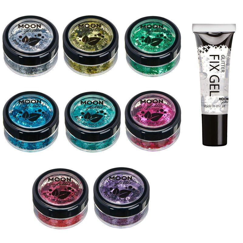 Moon Glitter Biodegradable Eco Chunky Glitter - 100% Cosmetic Bio Glitter for Face, Body, Nails, Hair & Lips - 3g Set of 8 + Fix Gel - BeesActive Australia