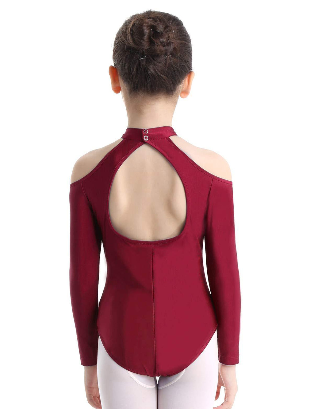 [AUSTRALIA] - iEFiEL Girls Team Basic Stretch Mock Neck Long Sleeve Leotard Cutout Back Gymnastics Ballet Dance Outfit Burgundy 8 / 10 