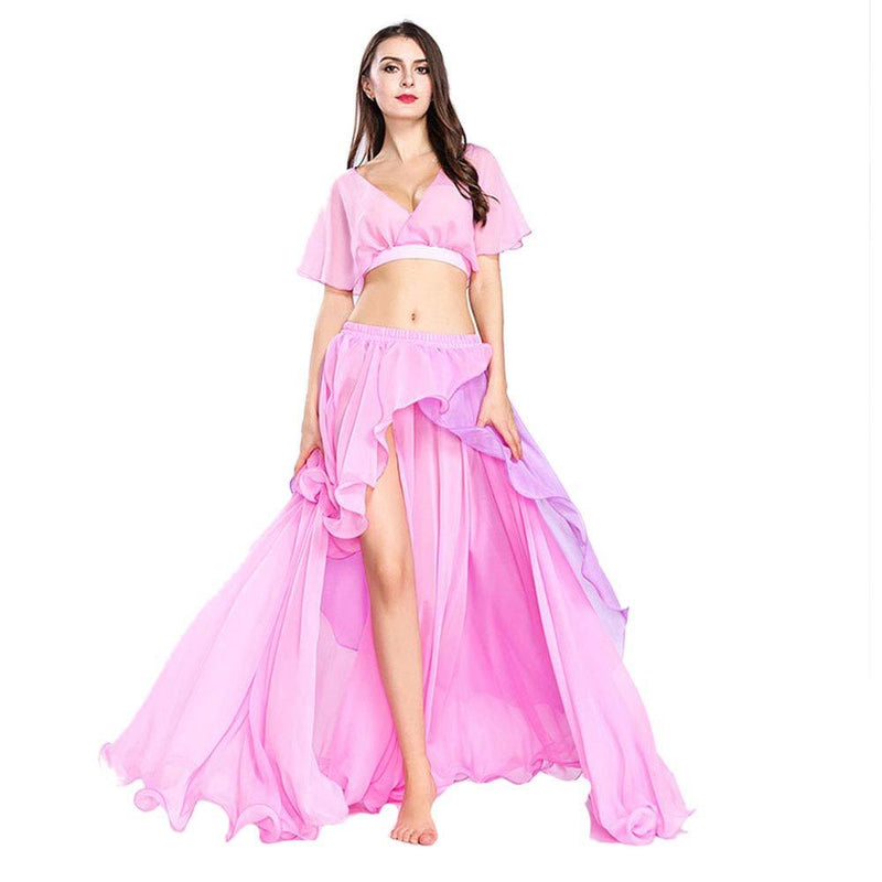 [AUSTRALIA] - ROYAL SMEELA Belly Dance Costume Set for Women Chiffon Belly Dancing Tops and Skirt Hit-Color Dancing Skirts Dress, One Size Pink 