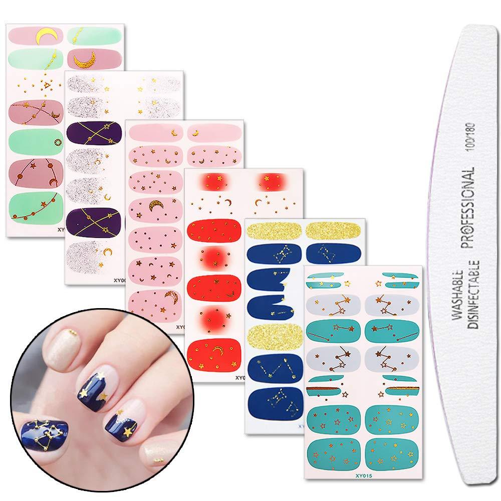 WOKOTO 6 Sheets Full Wraps Nail Polish Decals With 1Pcs Nail File Gradient Glittery Adhesive Nail Art Stickers strips Manicure Kits - BeesActive Australia